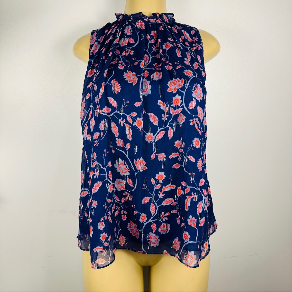 New Rebecca Taylor High Neck Sleeveless Chiffon Blouse Sz 8 Floral Metallic